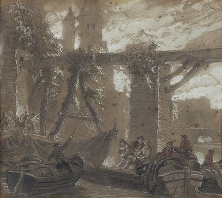 Jean Baptiiste Isabej (Nancy 1757 - Parigi 1855)"Figura nel porto" tecnica...