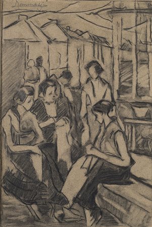 Ludovico Tommasi (Livorno 1866 - Firenze 1941)"Le ricamatrici" carboncino e...