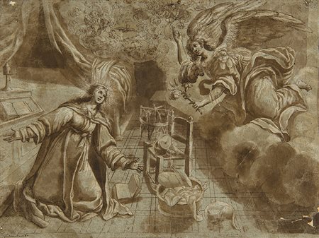 Scuola del secolo XVII "Annunciazione" penna, acquerello e biacca su carta...