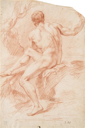 Scuola bolognese del secolo XVIII "Studio di nudo" sanguigna (mm 430x290),...