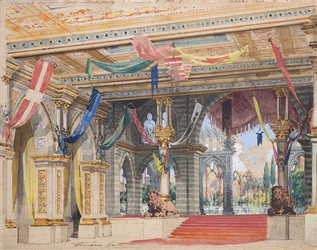 Carlo Ferrario (Milano 1833 - 1907) "Scenografia: Grande salone con leoni in...