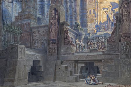 Angelo Parravicini (Milano 1868 - 1925)"Scenografia egizia" penna, acquerelli...