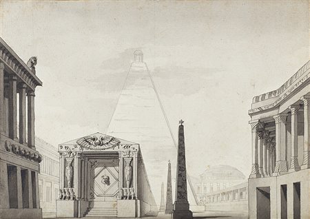 Scenografo della fine del secolo XVIII "Piazza neoclassica con piramide"...