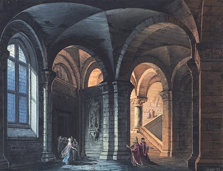 Felice Donghi (Milano 1828 - Torino 1887)"Androne romanico con figure"...