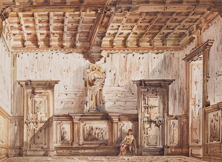 Ignoto, secolo XIX "Scenografia con interno neogotico" acquerelli (mm...