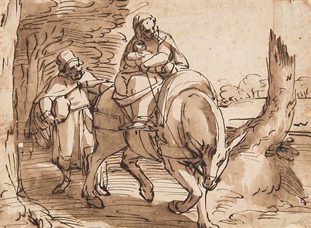 Cerchia di Luca Cambiaso "Fuga in Egitto" penna e inchiostro bruno...