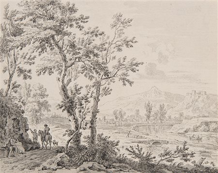 Jan Van Huysum (Amsterdam 1682 - 1749)(attr.) "Paesaggio fluviale" penna e...