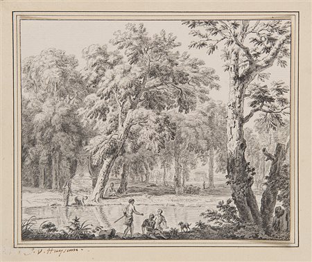 Jan Van Huysum (Amsterdam 1682 - 1749)(attr.) "Scena di paesaggio con figure...
