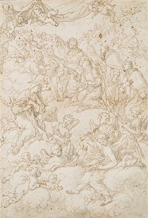 Artista napoletano, secolo XVIII "Madonna con Bambino e Santi" penna e...