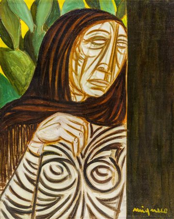 GIUSEPPE MIGNECO (1908 - 1997) Vecchia tra i fichi d'india 1962 Olio su tela...