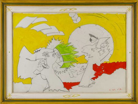 VALERIO ADAMI (1935) Fogli che volano 1963 Tecnica mista su cartoncino 50 x...