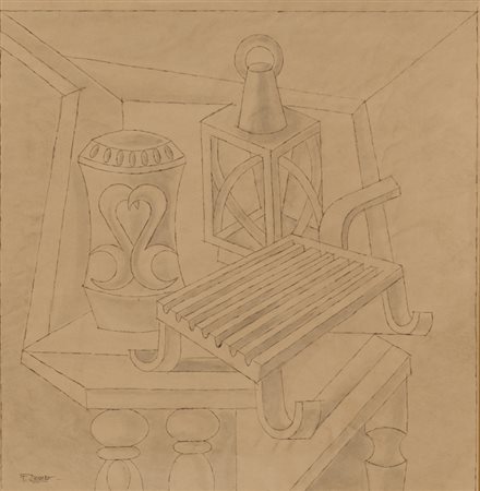 DEPERO FORTUNATO (1892-1960) Natura morta con griglia, lanterna e vaso 1940...
