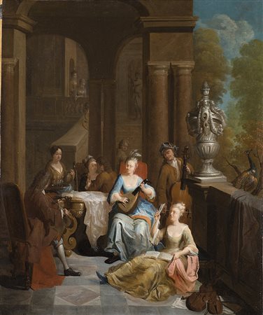 Scuola fiamminga del secolo XVIIIConcerto di musicaolio su tela cm 76x73...