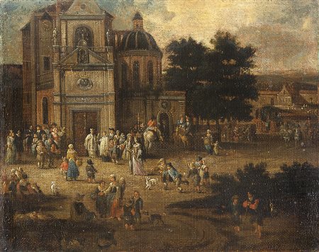 Scuola fiamminga del secolo XVIIDopo la messaolio su tela applicata su tavola...