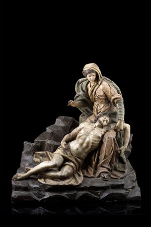 Arte del secolo XVIII "Deposizione" gruppo scultoreo in legno policromo (cm...