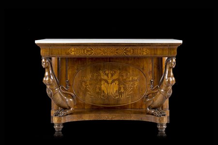 Consolle ad un cassetto sottopiano, lastronato in mogano, filettato e...