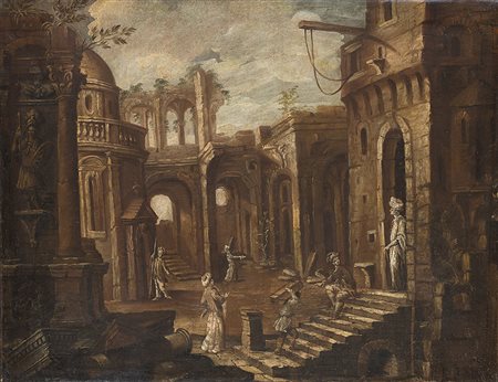 Scuola fiamminga del secolo XVIICapricci architettonici e figure a...