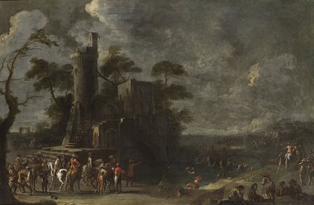 Cornelis de Wael (Anversa 1592 - Roma 1667)(attr.)Scena con cavalieriolio su...