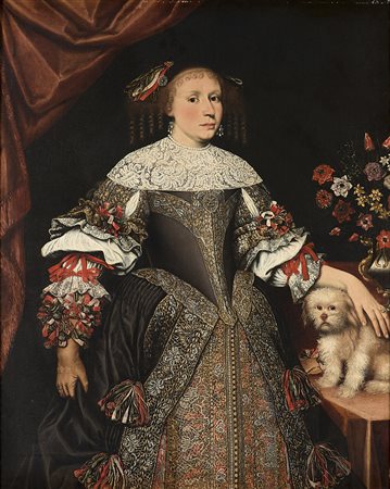 Maestro lombardo del secolo XVIIGentildonna in ricchi abiti di pizzo, con...