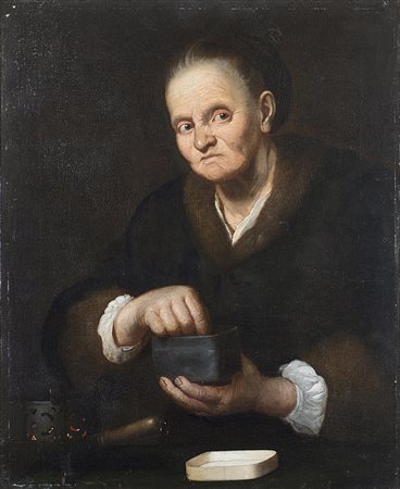 Maestro del secolo XVIIVecchia con scaldinoolio su tela cm 72x59 in cornice...