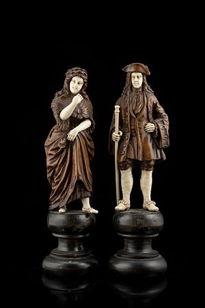 Arte nord europea, secolo XIX. Figure di gentiluomo e gentildonna in bosso e...