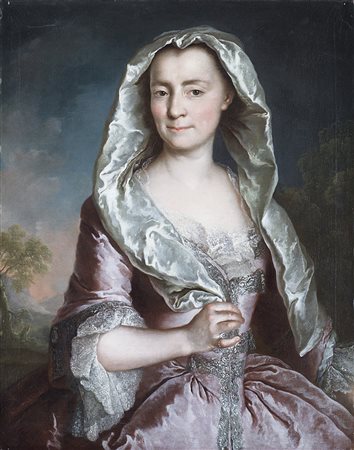 Maestro francese del secolo XVIIIDama con veste rosa e veloolio su tela cm...