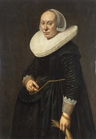 Maestro fiammingo del secolo XVIIRitratto di gentildonna con gorgieraolio su...