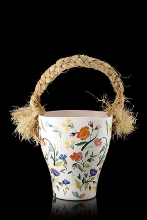 Lenci "Vaso con manico raphia"Ceramica formata a colaggio e smaltata in...