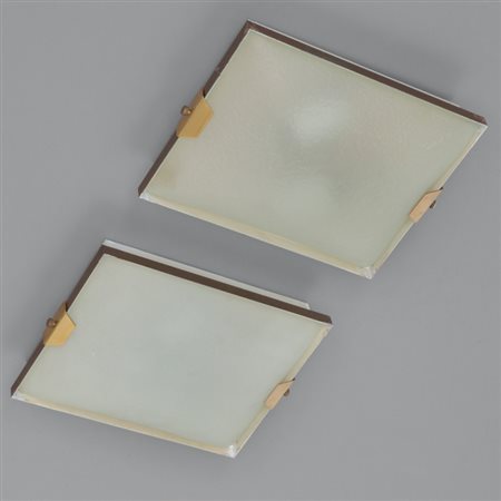 STILNOVO Due plafoniere "1122", anni '60. Lamierino verniciato, ottone, vetro...