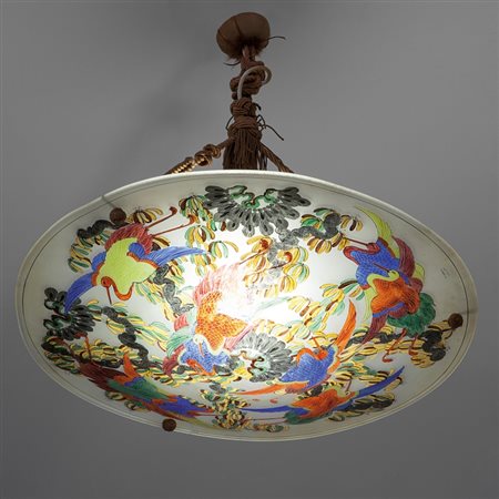 VEDAR, MilanoUna lampada a sospensione, 1933. Cristallo satinato curvato...