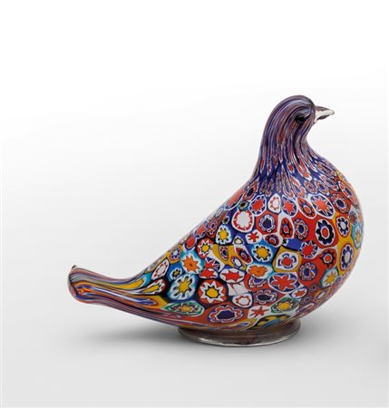 ALDO NASON Figura di colomba a murrine multicolor, base in cristallo, 1965....