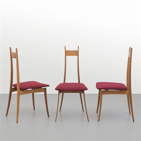 ANGELO MANGIAROTTITre sedie, esecuzione FRIGERIO, 1959. Legno di Iroko,...