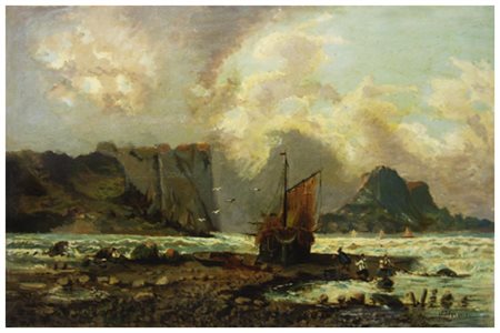 UGO MANARESI Ravenna 1851 – Livorno 1917 Pescatori all’imbrunire Olio su tela...