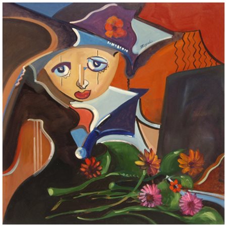 ROMANO ZIGOLI Pierrot Olio su faesite 70 x 70. Firma in a. al c.; sul verso...