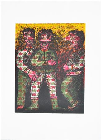 ENRICO BAJ, Personaggi, s.d., Acquaforte polimaterica a colori, es. 62/75,...