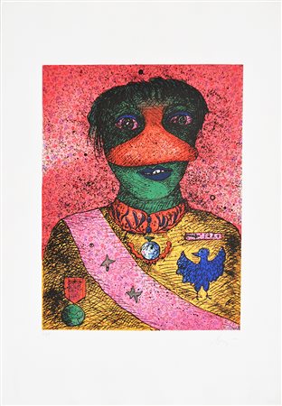 ENRICO BAJ, Personaggio, Acquaforte polimaterica a colori, es. 35/75, cm....