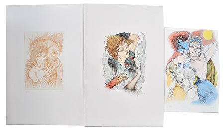 GIULIANO PINI, Lotto unico di tre grafiche, - Personaggio con cavallo, 1984,...