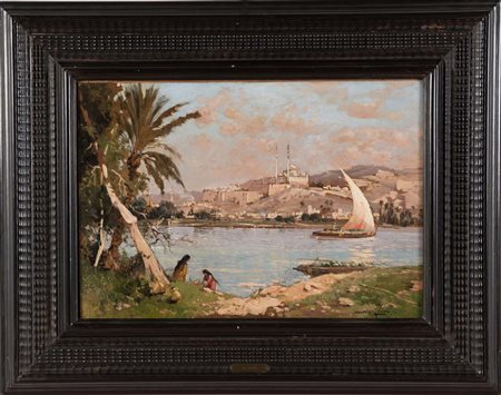 Maurice Levis (1860 - 1940), “La riva del Nilo Al Cairo”. Olio su tavola,...