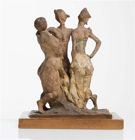Cleto Tomba (1898 - 1987), “Tre figure”. Scultura in terracotta, firmata alla...