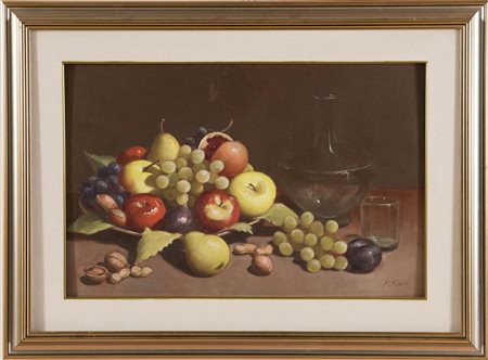Piero Fiori (1947), “Natura morta con frutta”. Olio su faesite, firmato in...