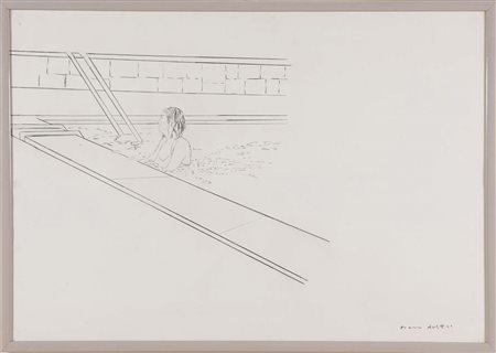 Franco Angeli (1935 - 1988), “Donna in piscina”. Tecnica mista su carta,...