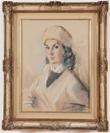 Italo Squitieri (1907 - 1994), “Ritratto di Gentildonna”. Tecnica mista su...