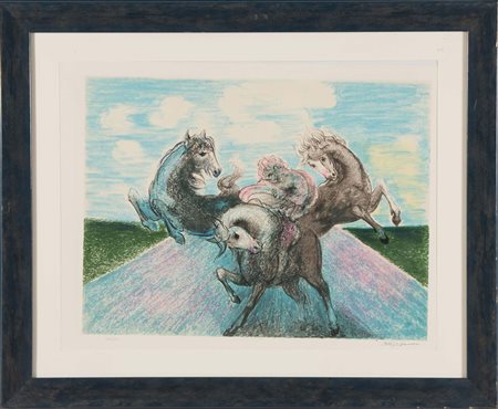 Aligi Sassu (1912 - 2000), “Cavalli rampanti”. Litografia a colori su carta,...