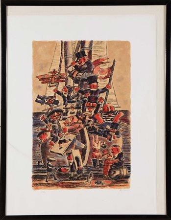 Franz Borghese (1941 - 2005), “La nave dei folli”. Serigrafia a colori su...