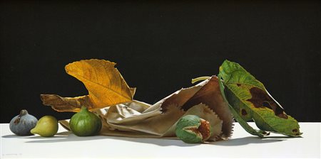 Luciano VENTRONE (Roma, 1942 ) Fichi 1998 olio su tela cm. 40 x 80Firma, data...