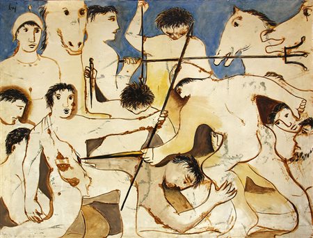 Enrico BAJ (Milano 1924-11-01 Vergiate 2003-06-16) Battaglia 1954 olio su...