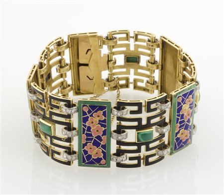 Bracciale semirigido in oro giallo composto da settori in malachite, piastre...