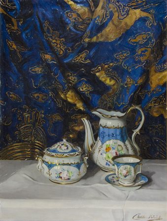 Janos Pentelei Molnar Dunapentele 1878-? "Natura morta con tazze e drappo"...