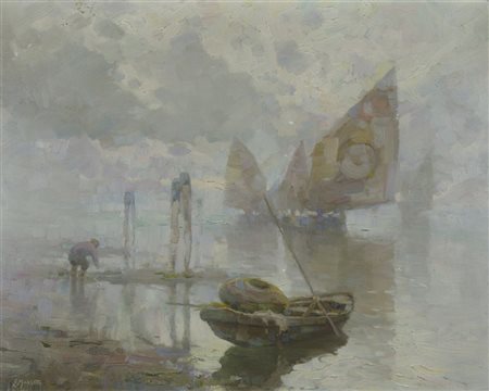 Emo Mazzetti 1870-1955 "Barche in laguna" cm. 37x46 - olio su cartone Firmato...