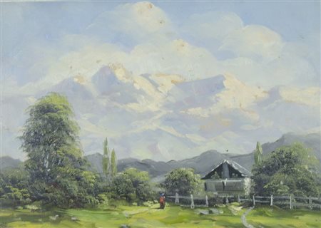 Pittore del XX secolo "Paesaggio con montagne" cm. 28x38 - olio su cartone